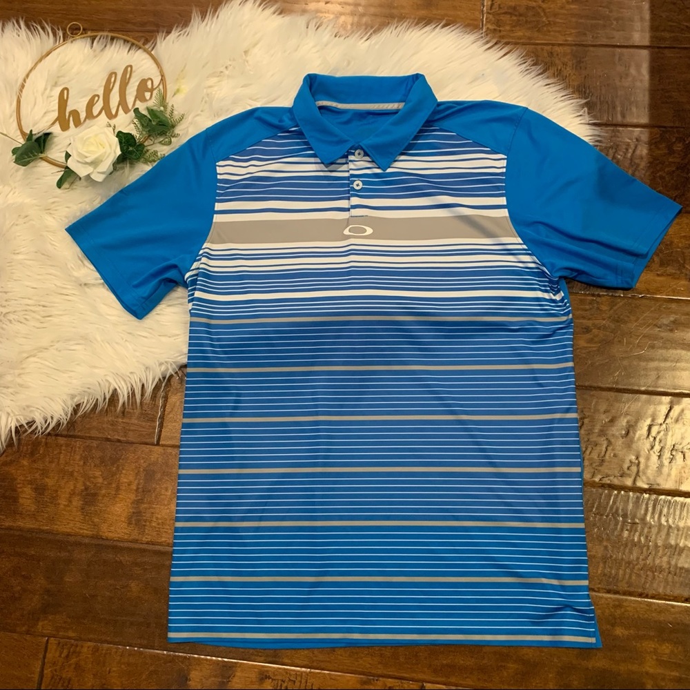 Oakley Hydrolix Men’s Polo Shirt Blue white Striped Short Sleeve Size Large